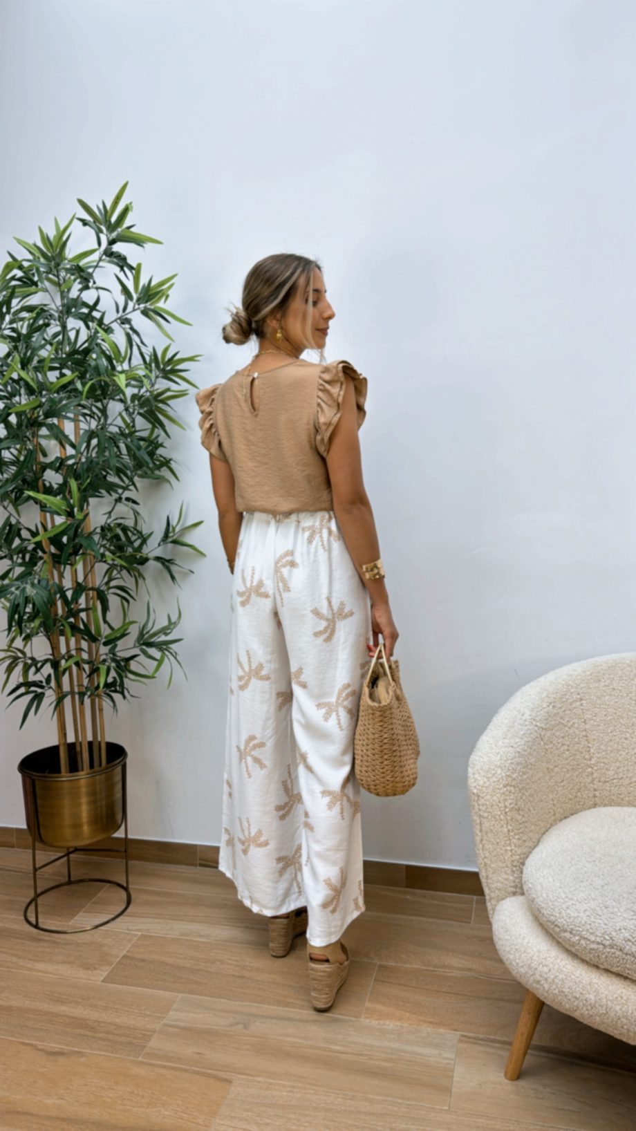 Pantalón Palmeras Camel y Blanco