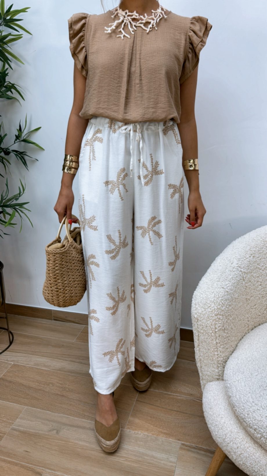 Pantalón Palmeras Camel y Blanco