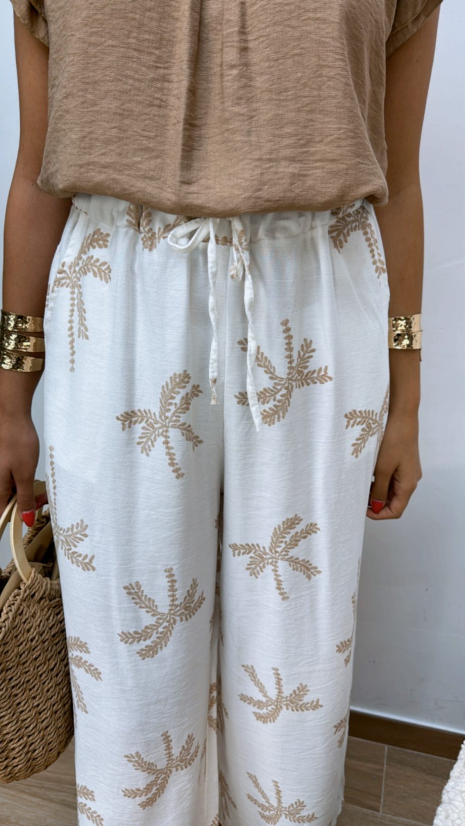 Pantalón Palmeras Camel y Blanco