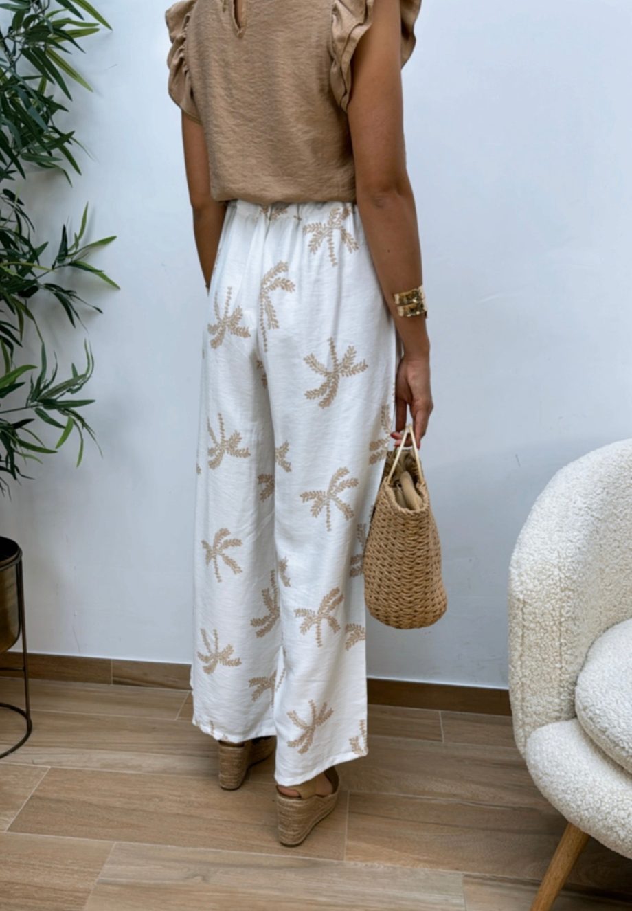 Pantalón Palmeras Camel y Blanco