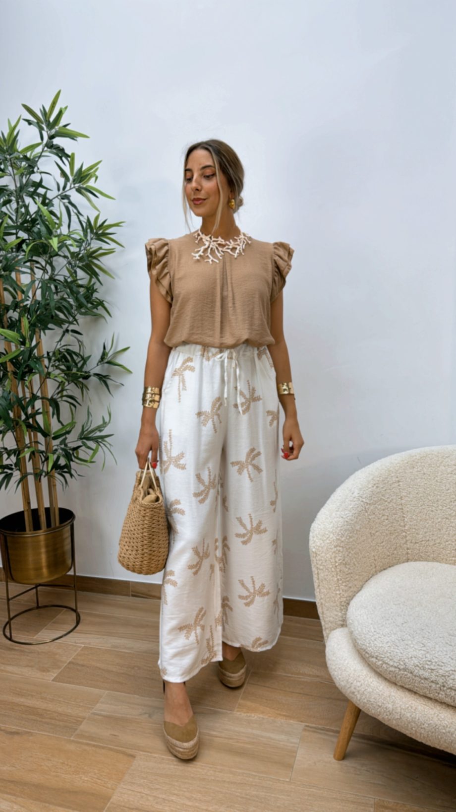 Pantalón Palmeras Camel y Blanco