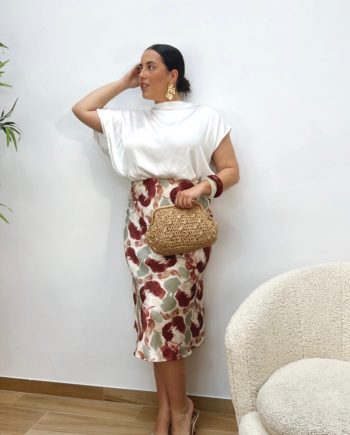 Falda Satinada Estampada Burdeos