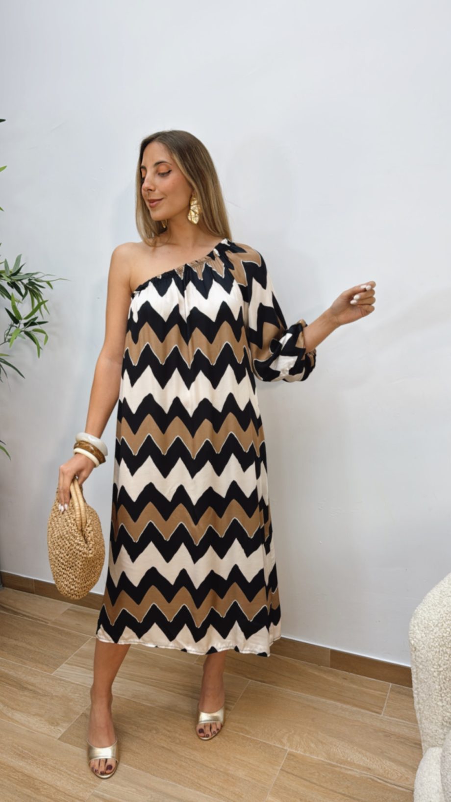 Vestido Asimétrico Geometríco Negro & Camel