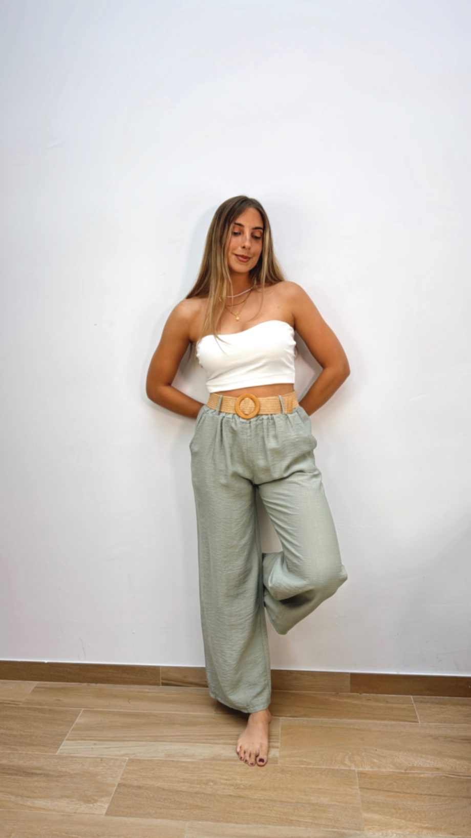 Pantalón Fluido Cinturón Caqui