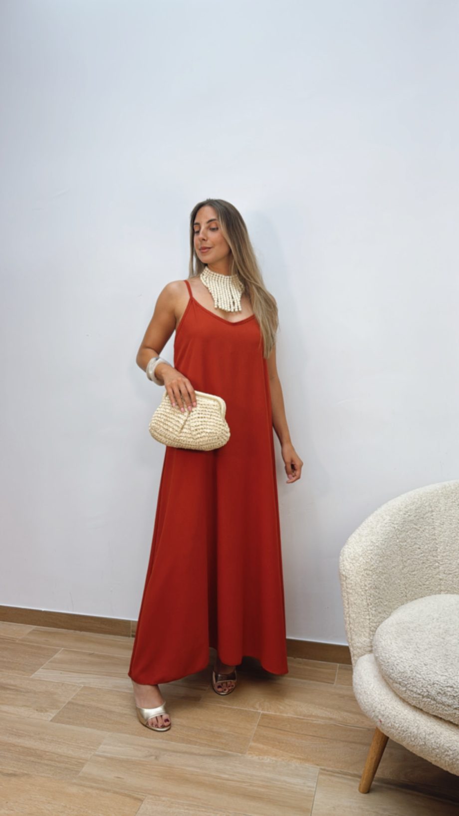 Vestido Fluido Hombreras Teja
