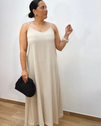 Vestido Fluido Hombreras Beige