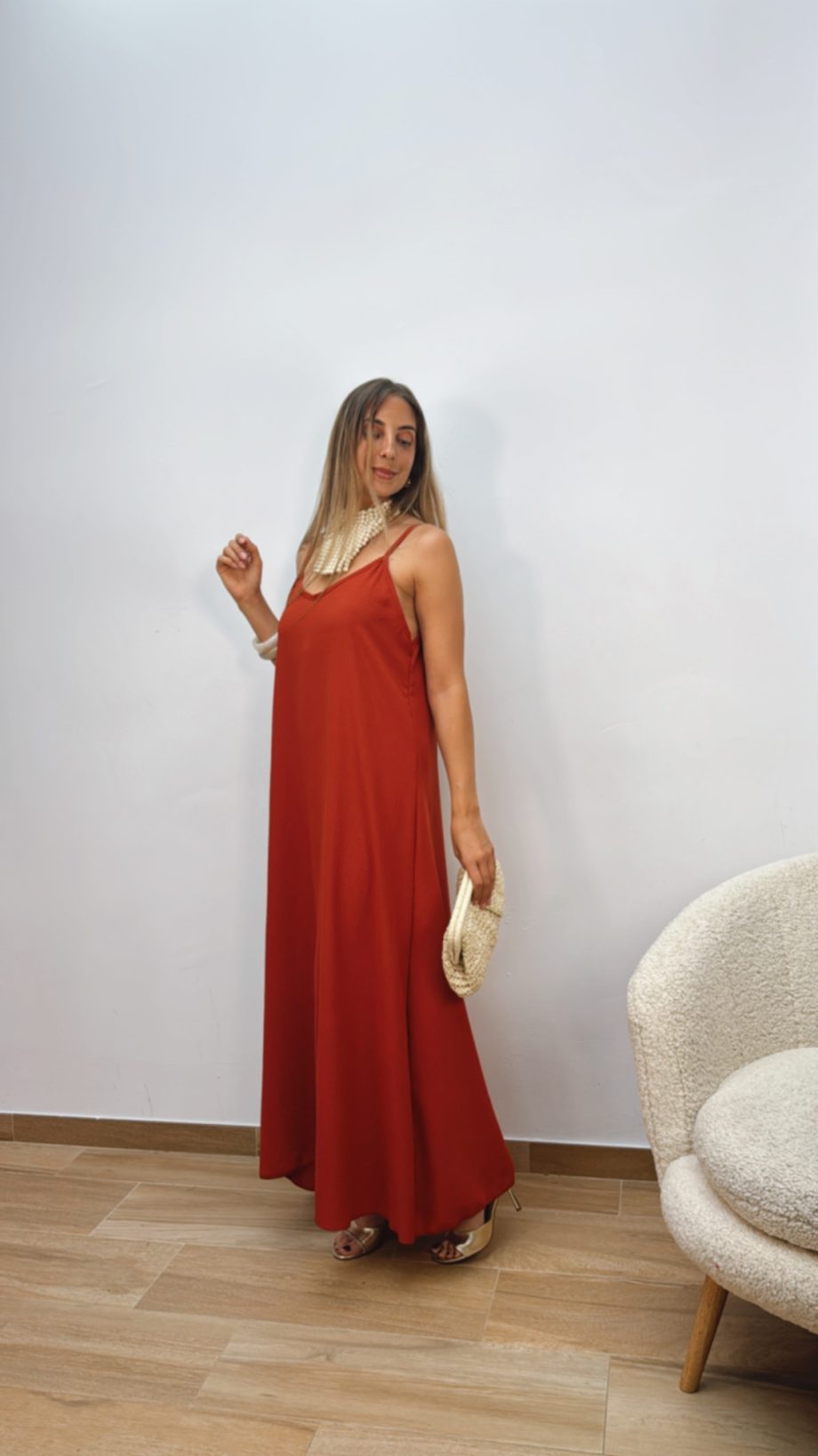 Vestido Fluido Hombreras Teja