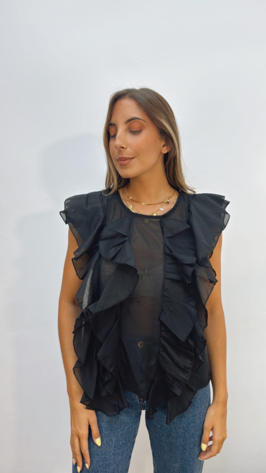 Blusa Sin Mangas  Volantes  Negra