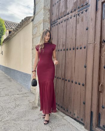 Vestido Combinado Plisado Burdeos