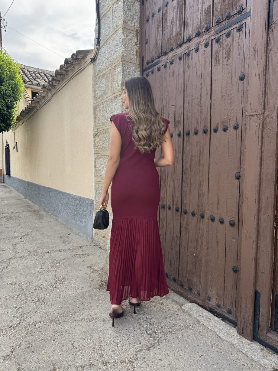 Vestido Combinado Plisado Burdeos