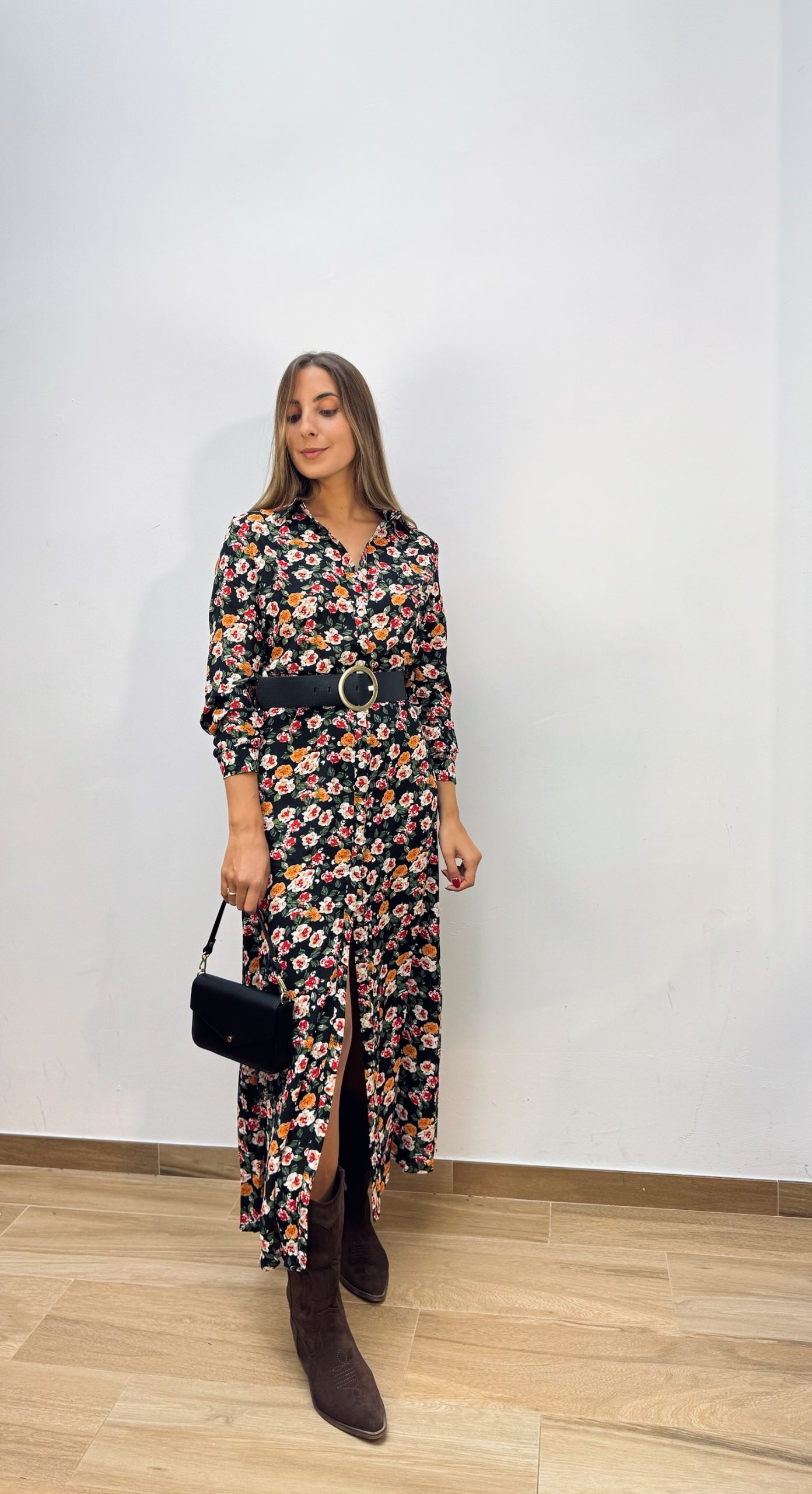 Vestido Camisero Flor Negro