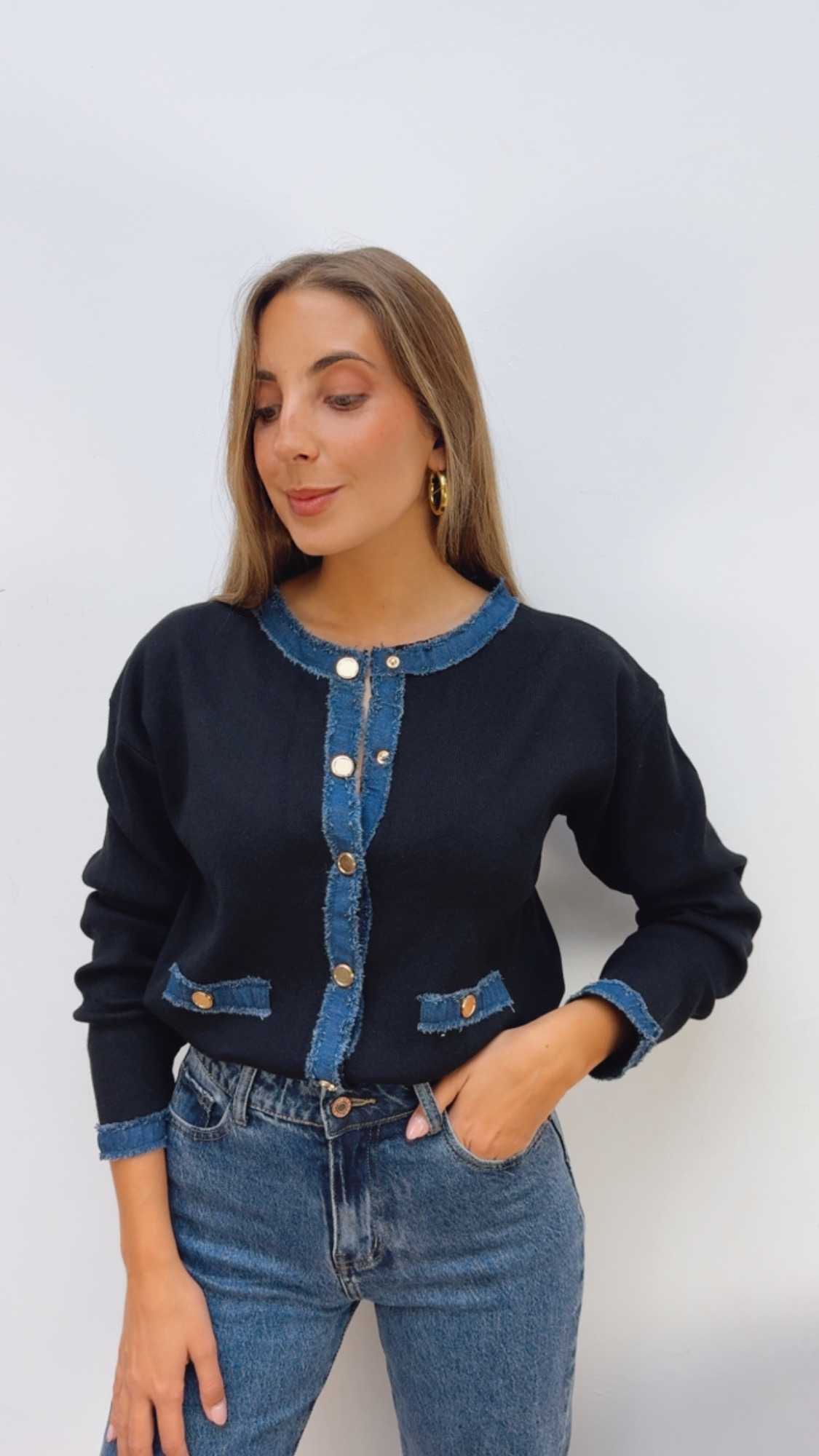 Chaqueta Punto Combinada Denim Negra