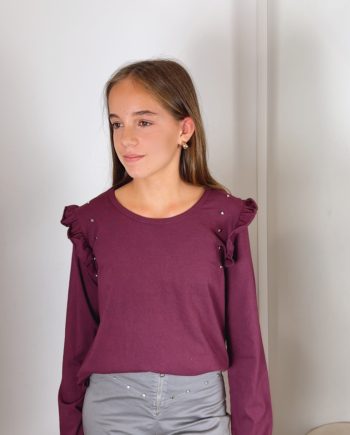 Camiseta Tachas Volante Burdeos
