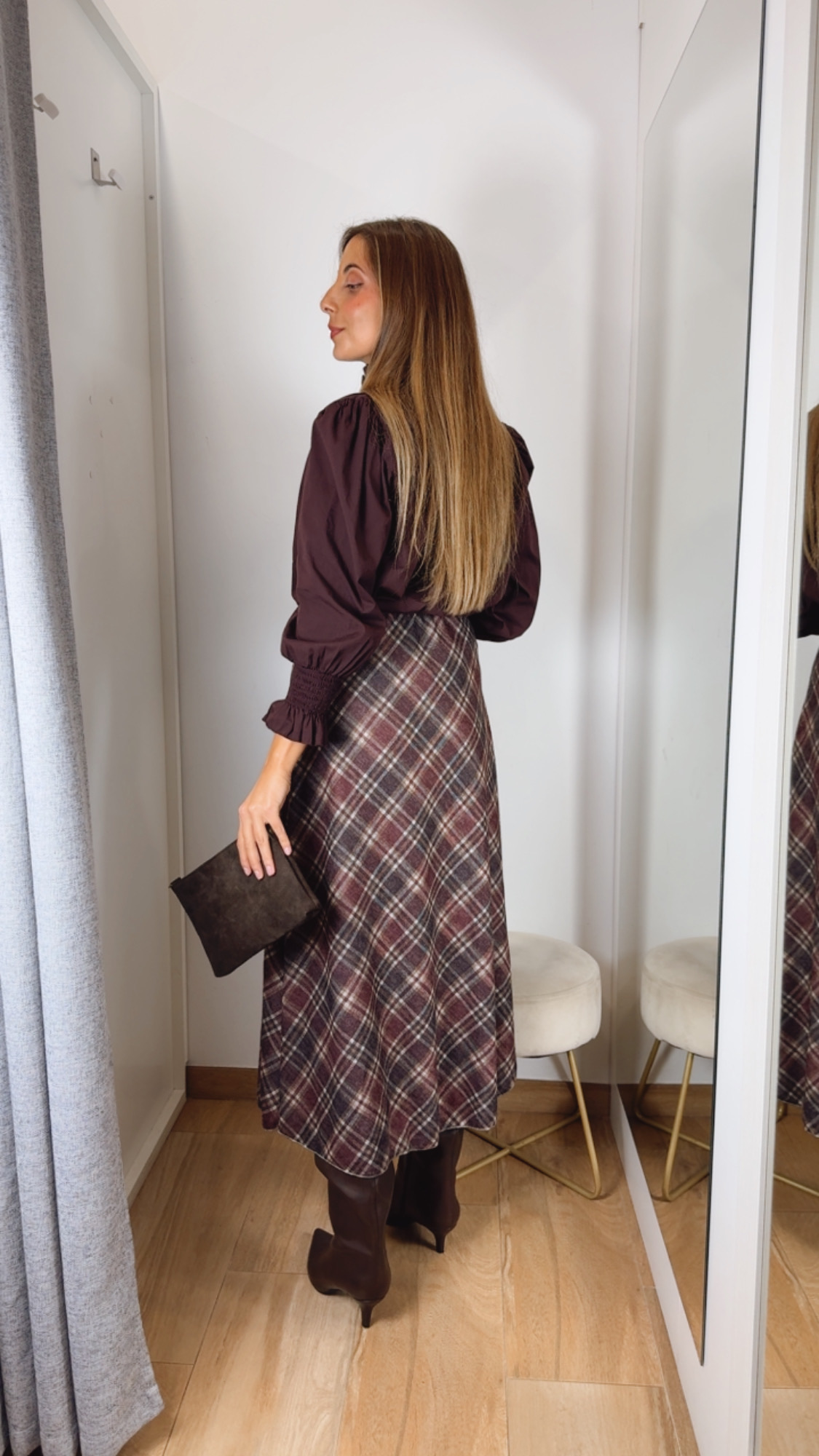 Falda Evasé Cuadros Burdeos