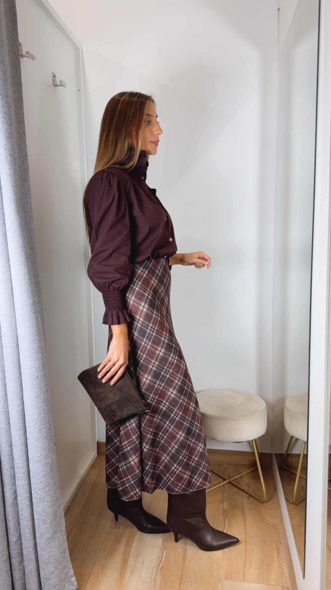 Falda Evasé Cuadros Burdeos