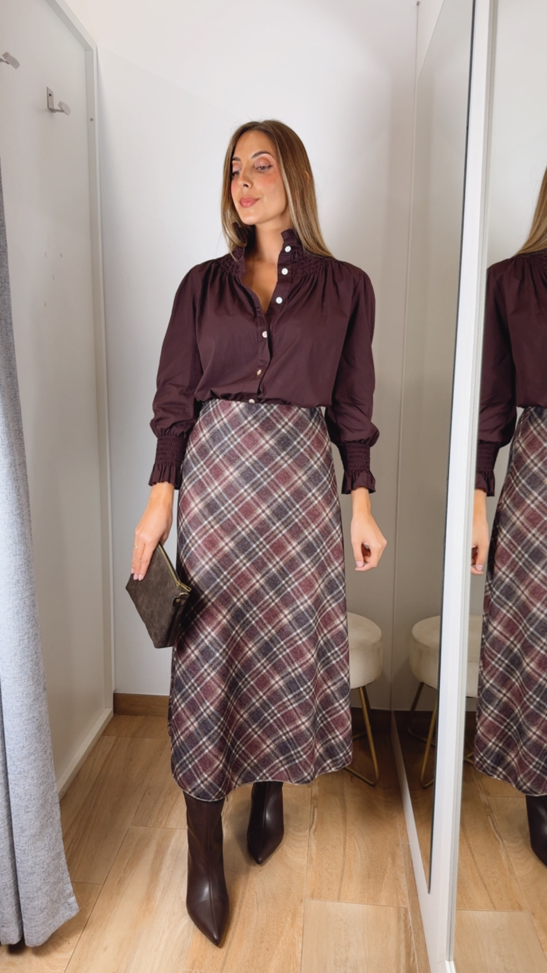 Falda Evasé Cuadros Burdeos