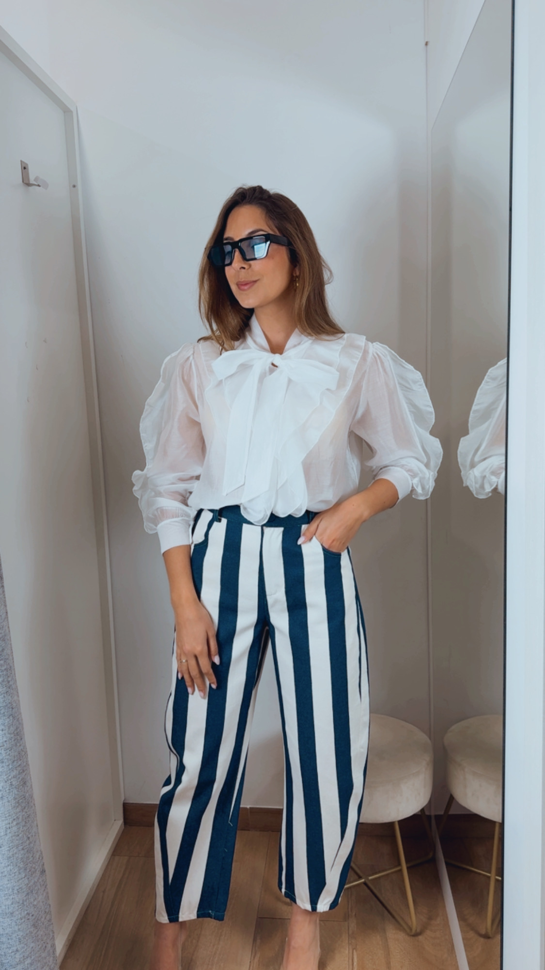 Pantalón Balloon Rayas Azul Marino y Blanco