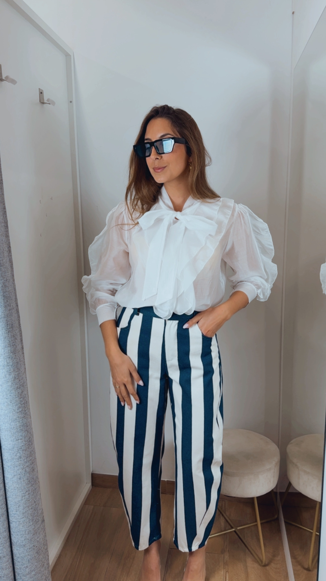 Pantalón Balloon Rayas Azul Marino y Blanco