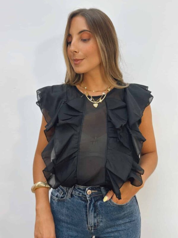 Blusa Sin Mangas  Volantes  Negra