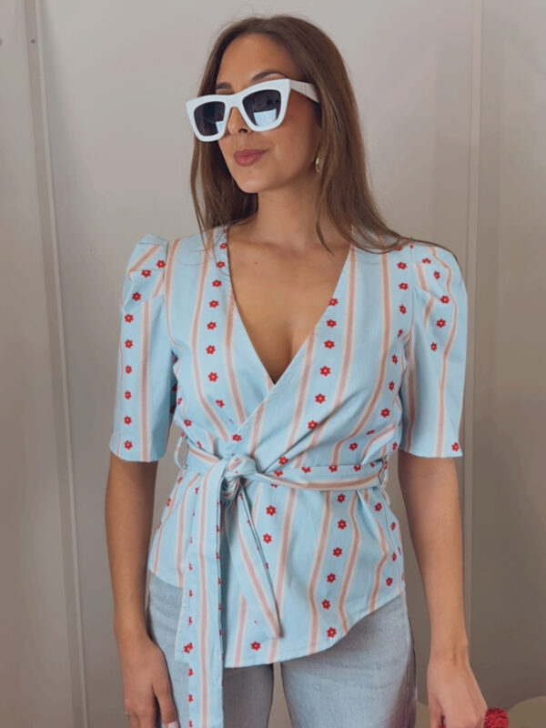 Chaqueta Cruzada Raya Flor Azul
