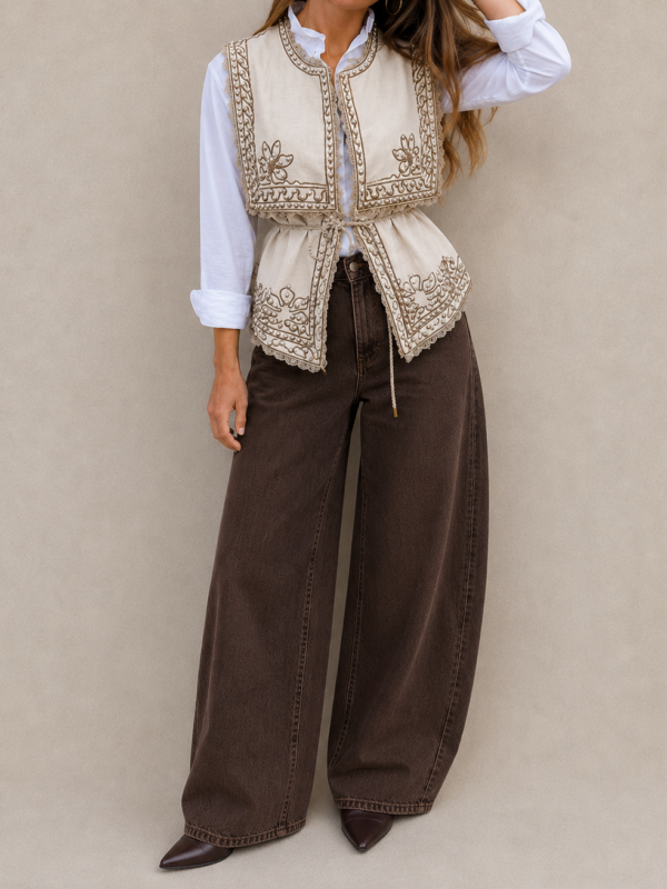 Chaleco Bordado Beige & Choco