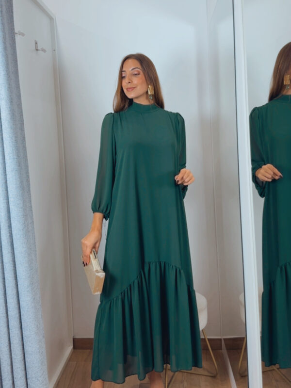 Vestido Gasa Volante Verde Botella
