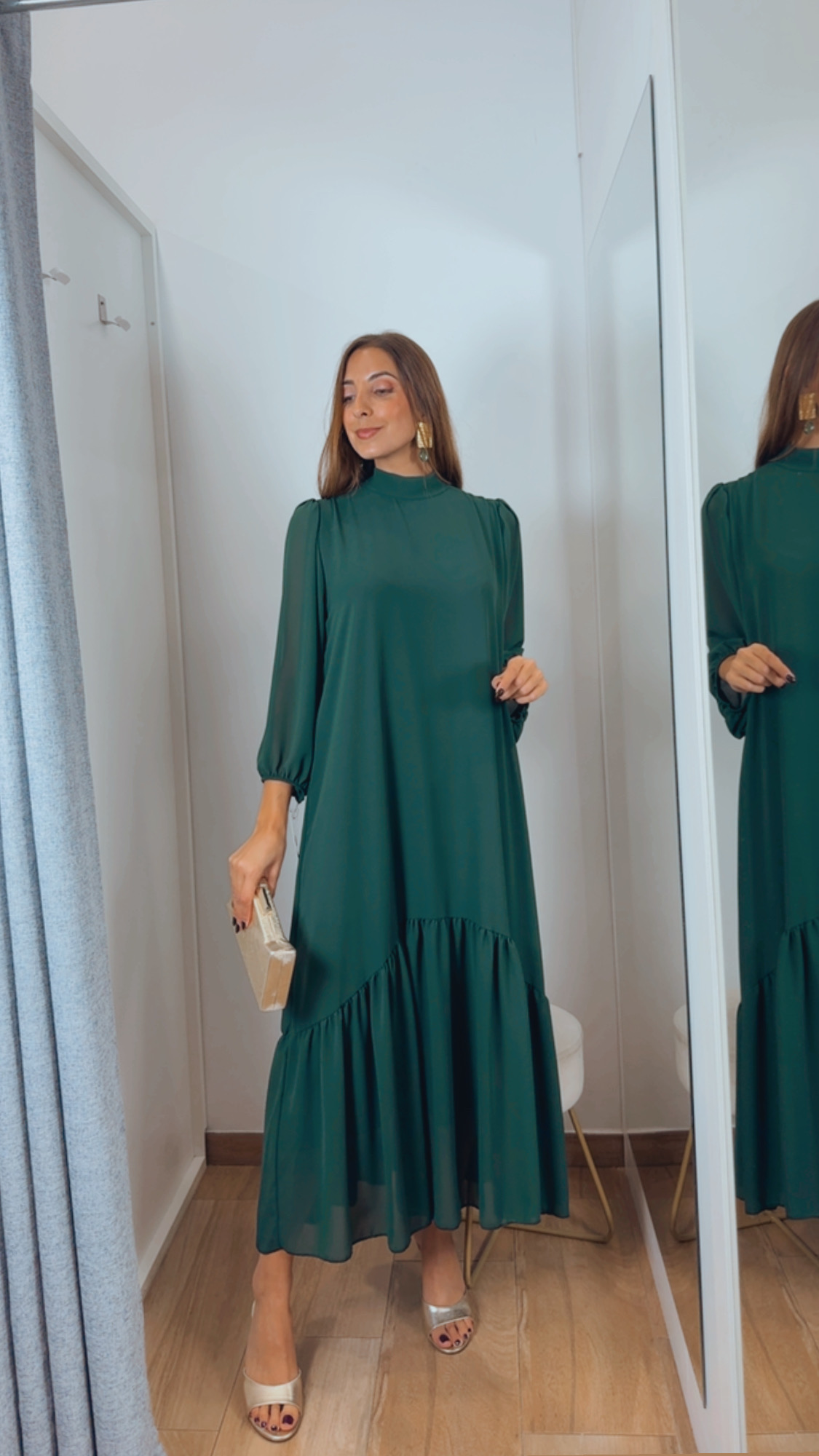 Vestido Gasa Volante Verde Botella