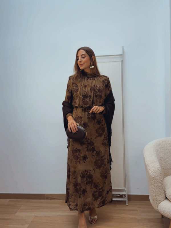 Vestido Caqui Bordados Chocolate