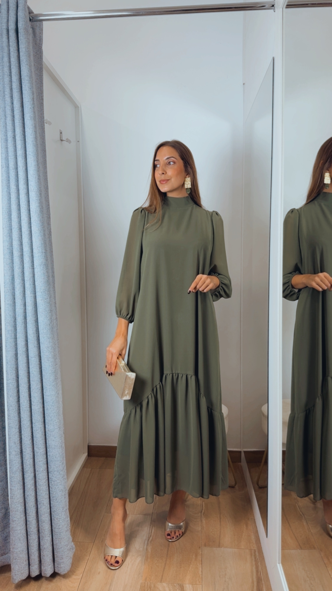 Vestido Gasa Volante Verde Seco