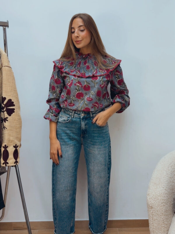 Blusa Cuello Bebé Gris & Burdeos