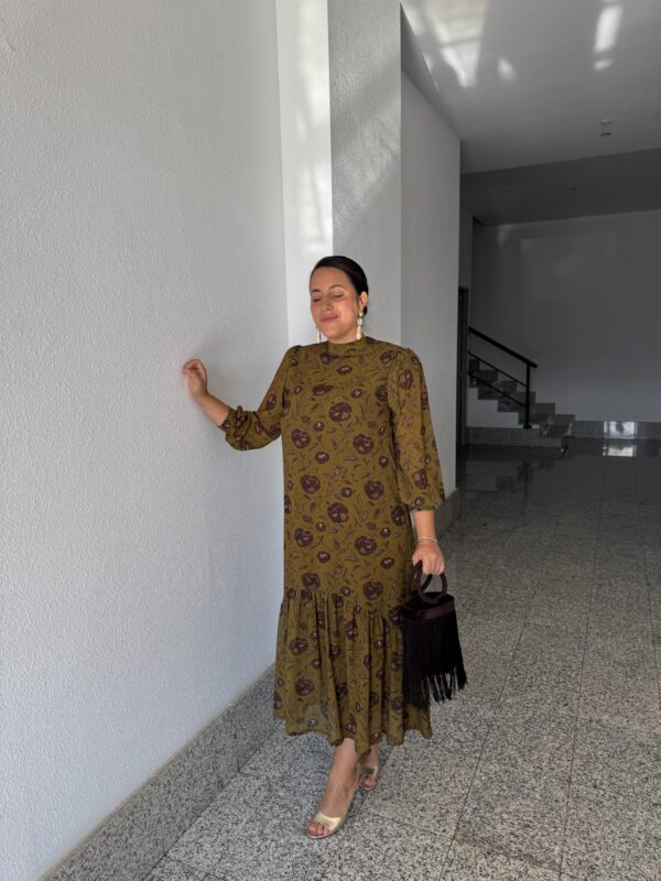 Vestido Gasa Estampado Chocolate y Ocre