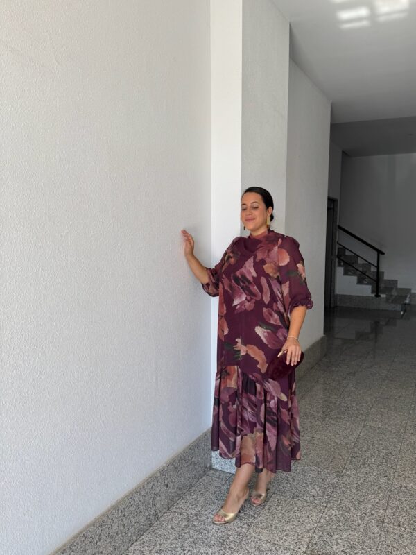 Vestido Gasa Volante Estampado Vino