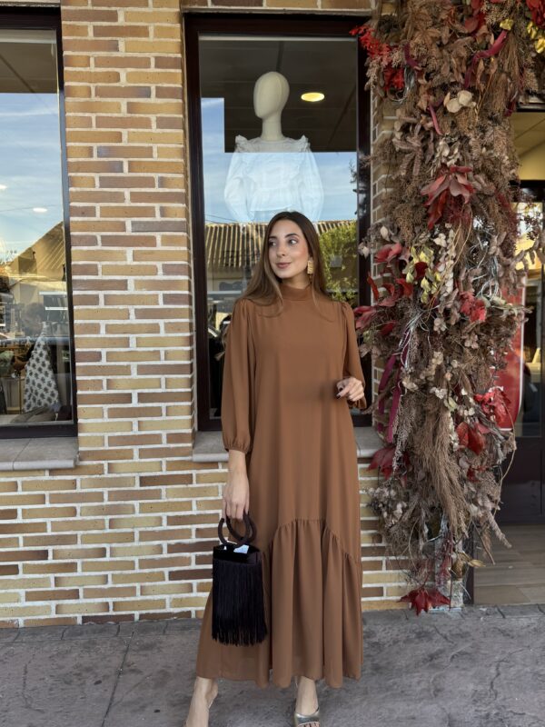 Vestido Gasa Volante Ocre